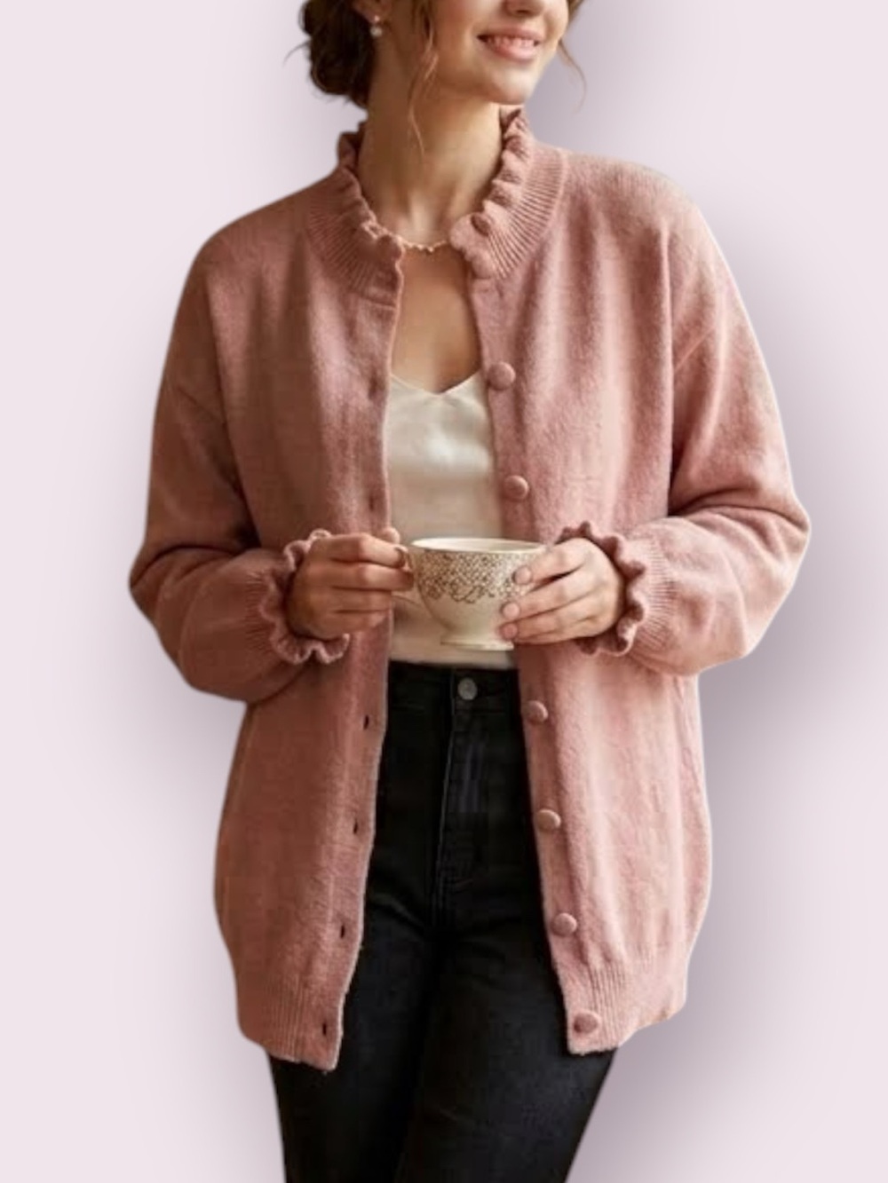 Simplee Wyse London Croquette Ruffle Knit Cardigan Sweater Mauve Pink Size XL